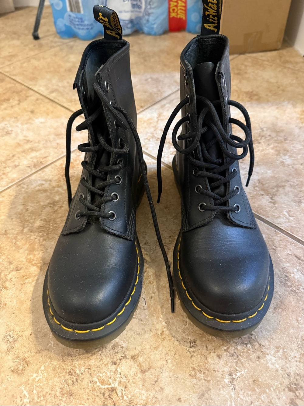 Dr. Martens Black Leather Lace-Up Combat Boots with Yellow Stitching